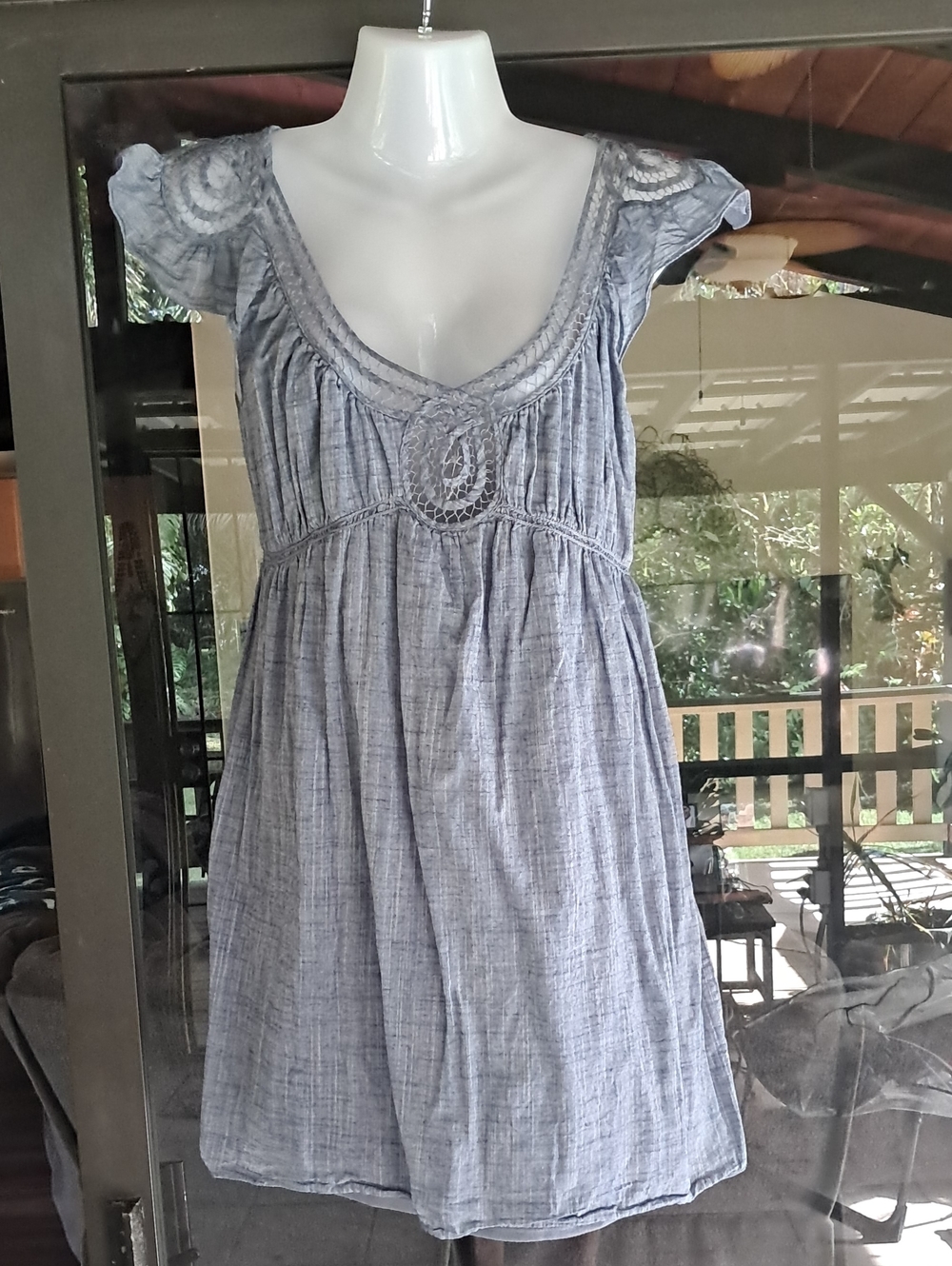 Light Blue Gauze Crochet Detail Babydoll Dress